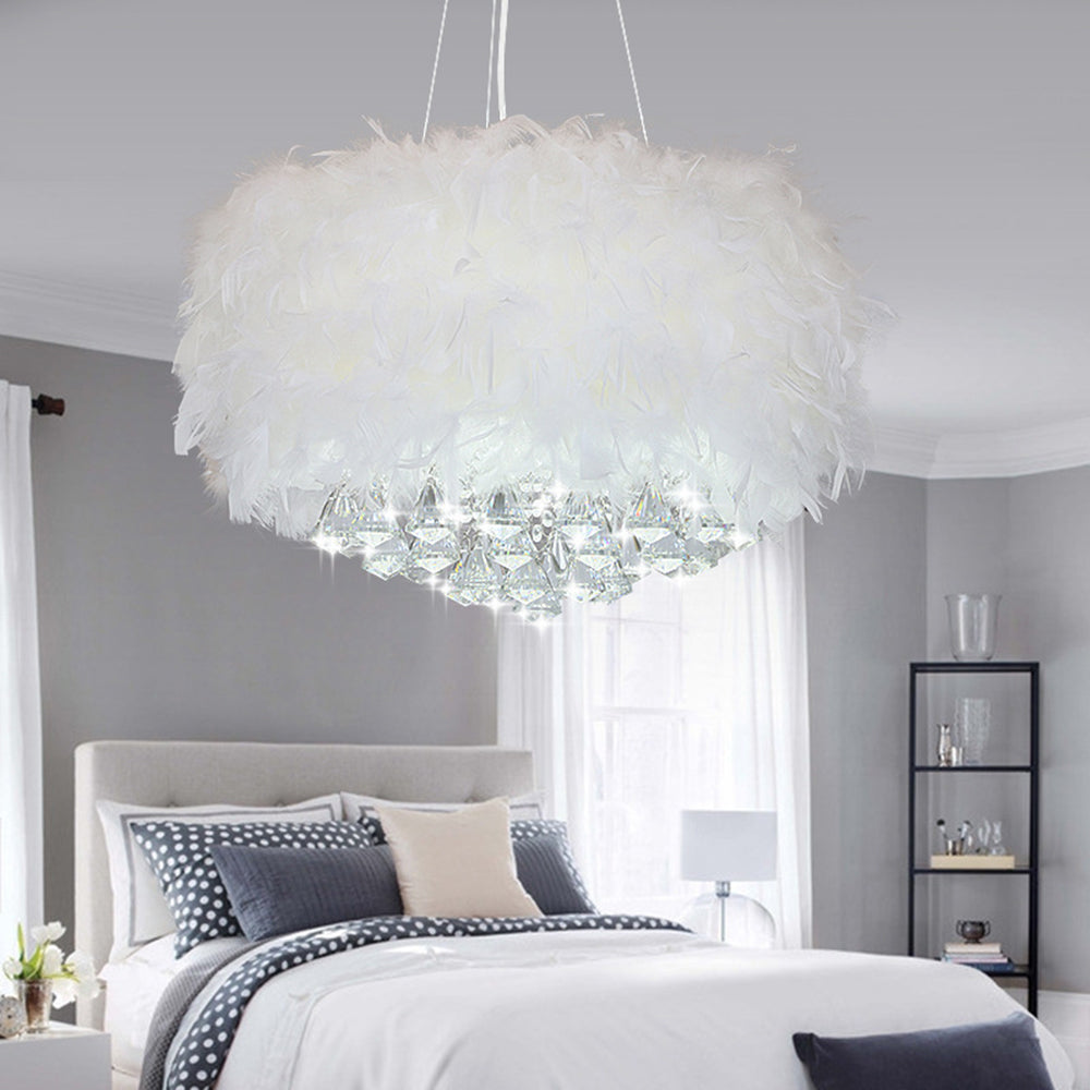 O'Moore Modern Luxury Round Chandelier, Feather/Crystal, White - Neutral Decor