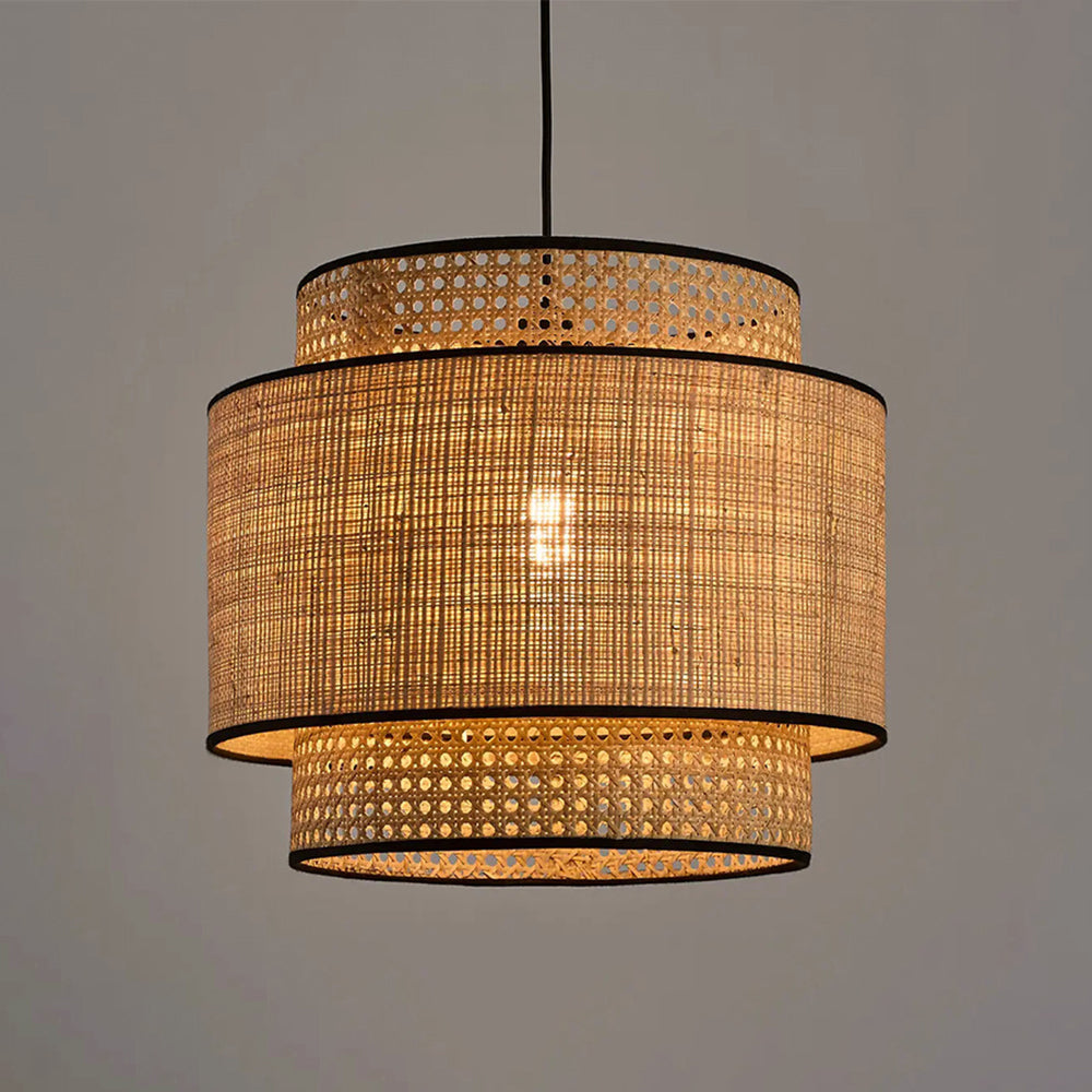 Ritta Wabi Sabi Tri-Layer Cylindrical Rattan/Metal Pendant Light, Wooden - Neutral Decor
