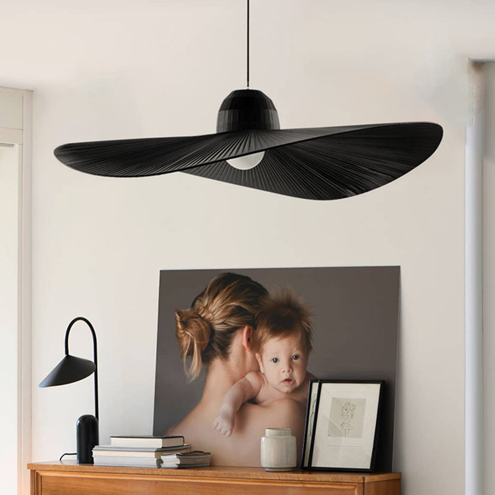 Ritta Modern Woven Wide-Brimmed Hat Shape Metal/Fabric Pendant Light, Black/White - Neutral Decor
