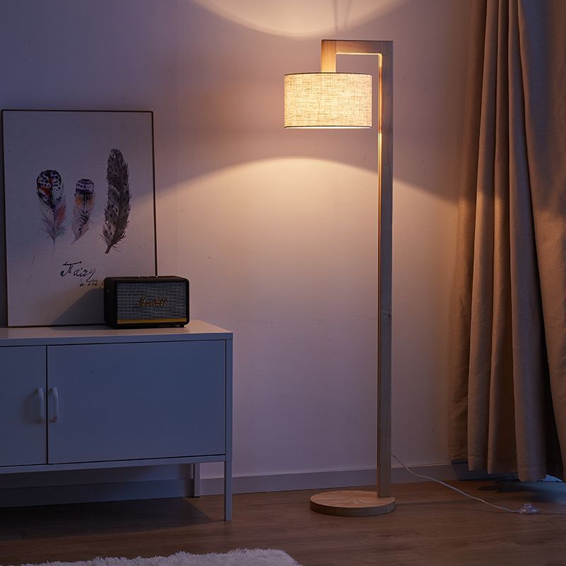 Ozawa Japanese Right Angle Arm Floor Lamp, Beige, Wood/Fabric - Neutral Decor