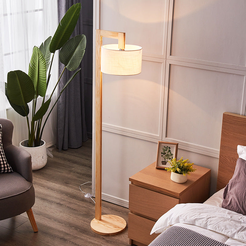 Ozawa Japanese Right Angle Arm Floor Lamp, Beige, Wood/Fabric - Neutral Decor