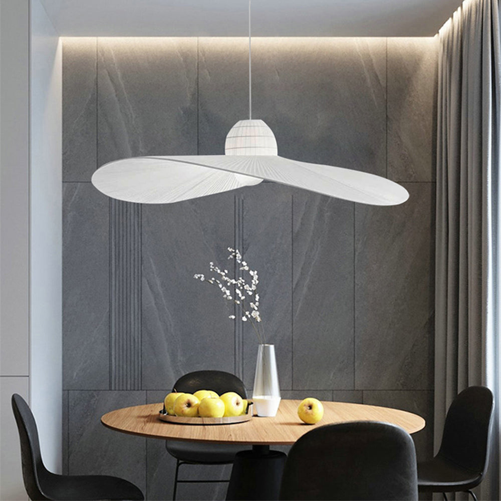 Ritta Modern Woven Wide-Brimmed Hat Shape Metal/Fabric Pendant Light, Black/White - Neutral Decor