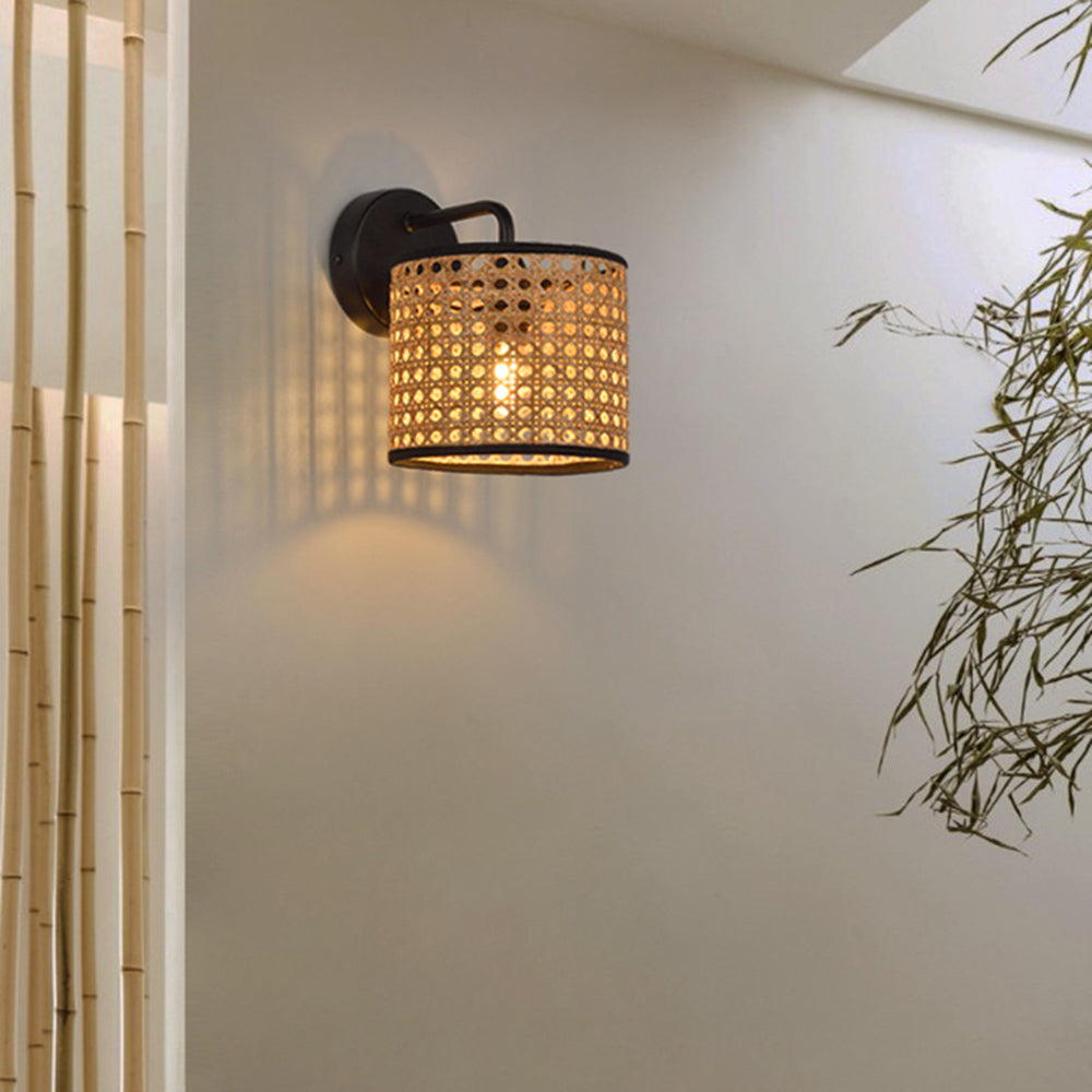 Muto Rustic Cylindrical Rattan/Metal Wall Lamp, Brown - Neutral Decor
