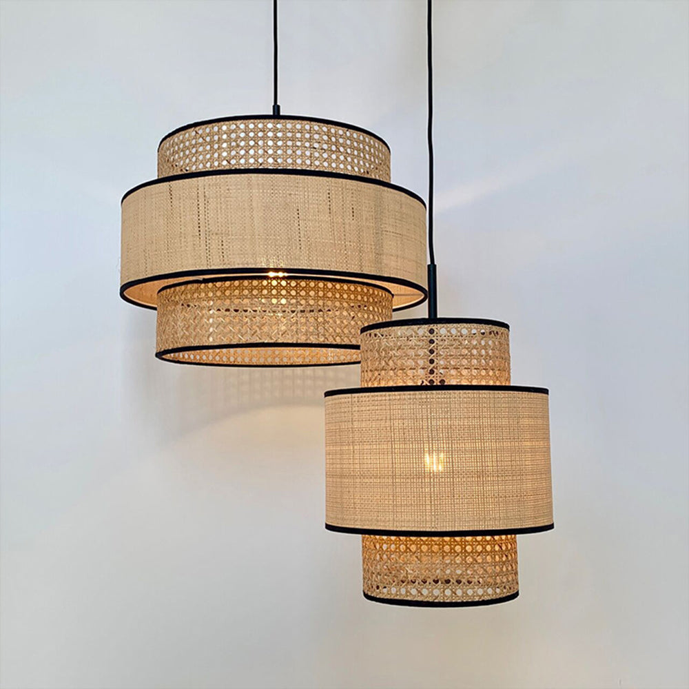 Ritta Wabi Sabi Tri-Layer Cylindrical Rattan/Metal Pendant Light, Wooden - Neutral Decor