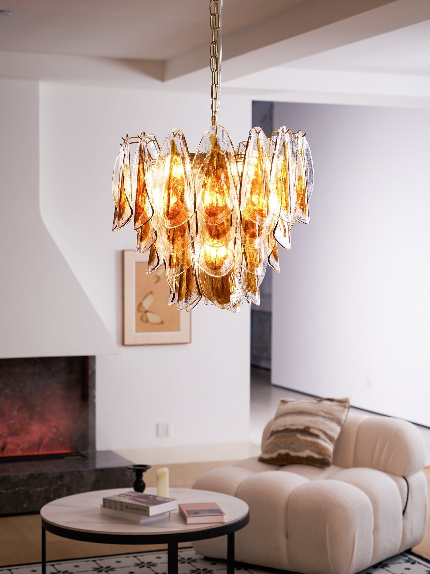 Aurora Chandelier Amber Leaf Glass Layered Organic Warmth-Neutral Decor