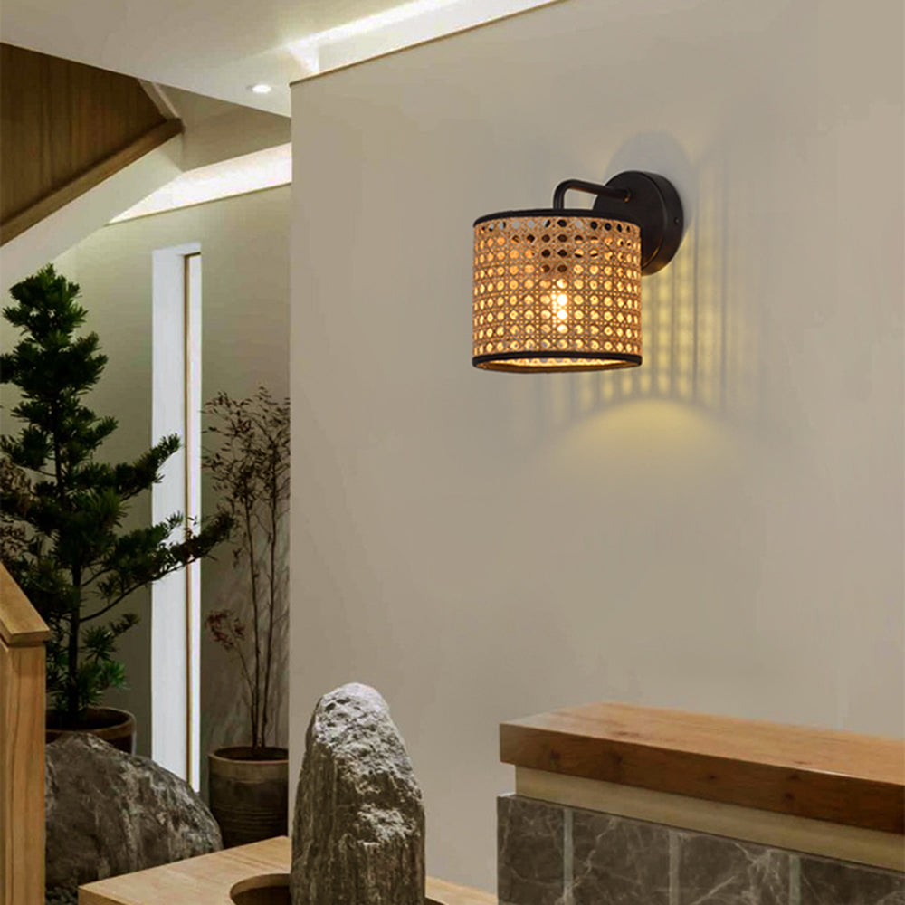 Muto Rustic Cylindrical Rattan/Metal Wall Lamp, Brown - Neutral Decor