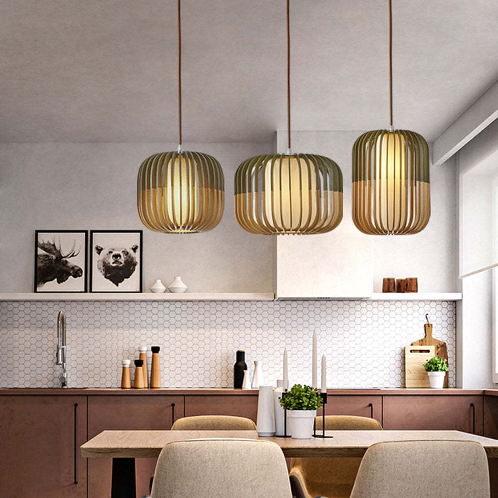 Muto Modern Birdcage Wood Pendant Light - Neutral Decor
