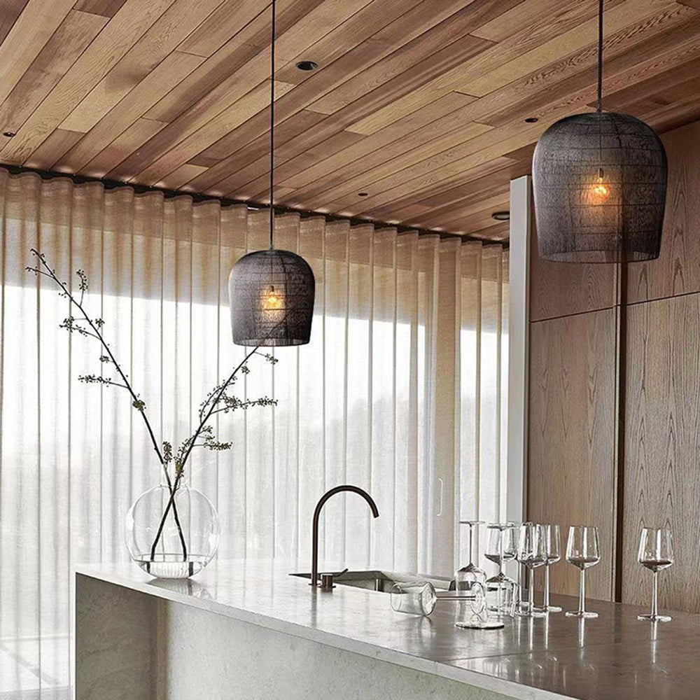 Ritta Wabi Sabi Bird Cage Rattan/Metal Pendant Light, Black/White - Neutral Decor