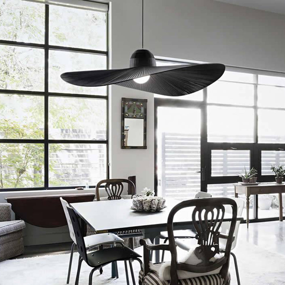 Ritta Modern Woven Wide-Brimmed Hat Shape Metal/Fabric Pendant Light, Black/White - Neutral Decor