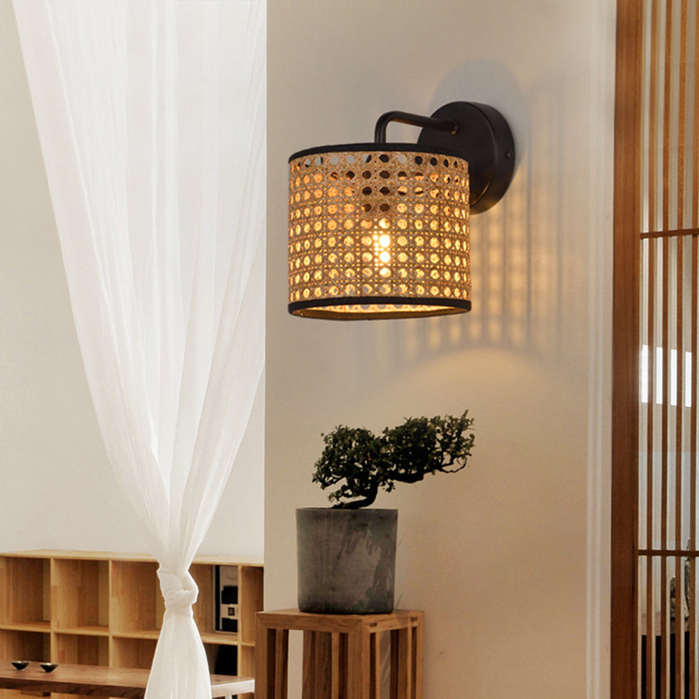Muto Rustic Cylindrical Rattan/Metal Wall Lamp, Brown - Neutral Decor