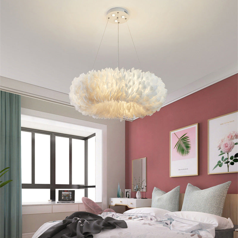 O'Moore Romantic Ring Feather/Metal Pendant Light, Natural Ostrich - Neutral Decor