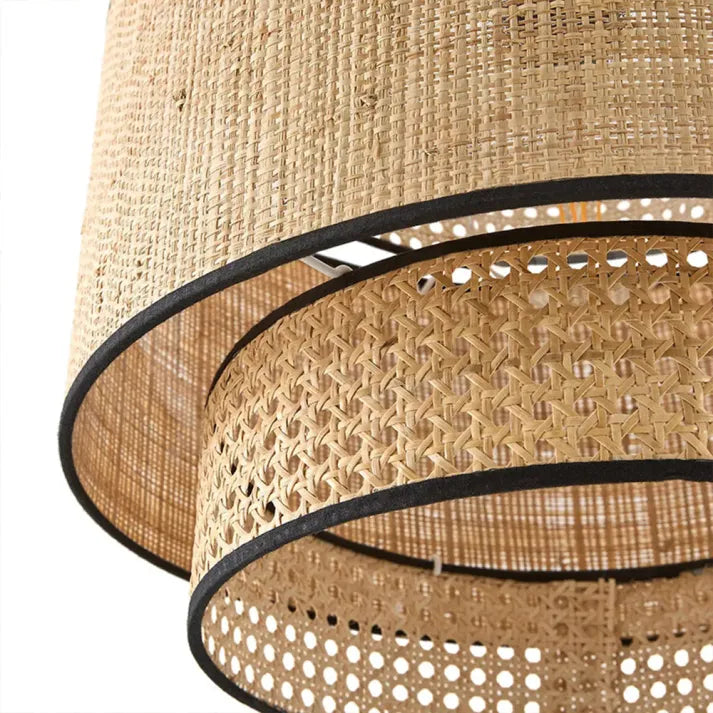 Ritta Wabi Sabi Tri-Layer Cylindrical Rattan/Metal Pendant Light, Wooden - Neutral Decor