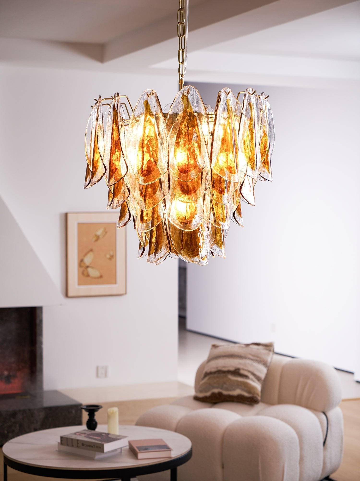 Aurora Chandelier Amber Leaf Glass Layered Organic Warmth-Neutral Decor