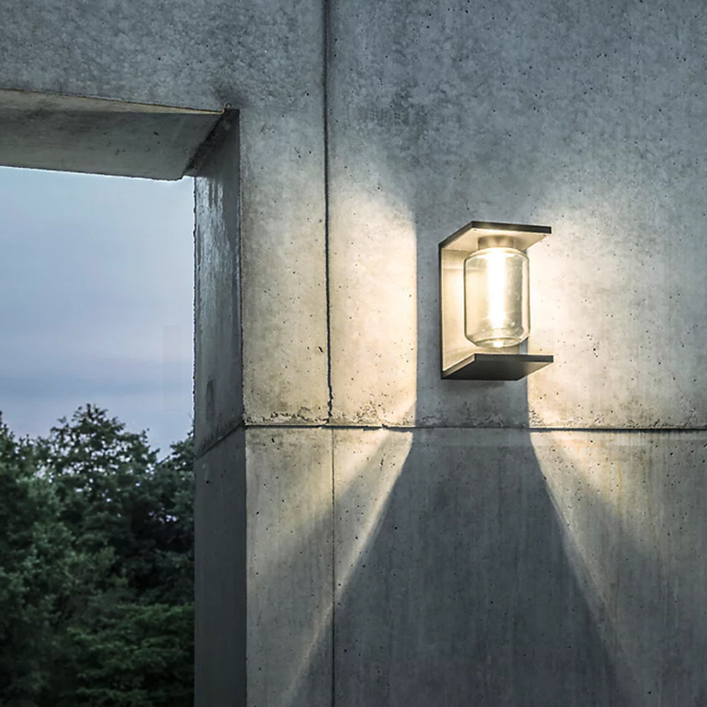 Ray Modern Rectangular Metal/Glass Lantern Solar Outdoor Waterproof Wall Lamp，Black/Grey - Neutral Decor