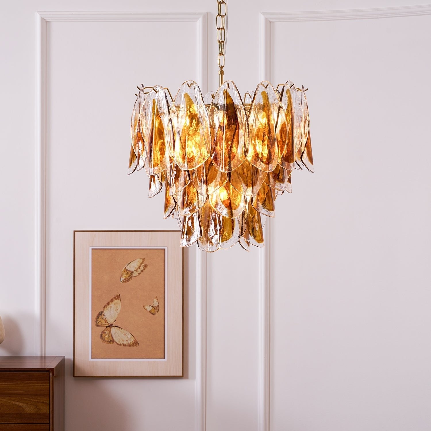 Aurora Chandelier Amber Leaf Glass Layered Organic Warmth-Neutral Decor