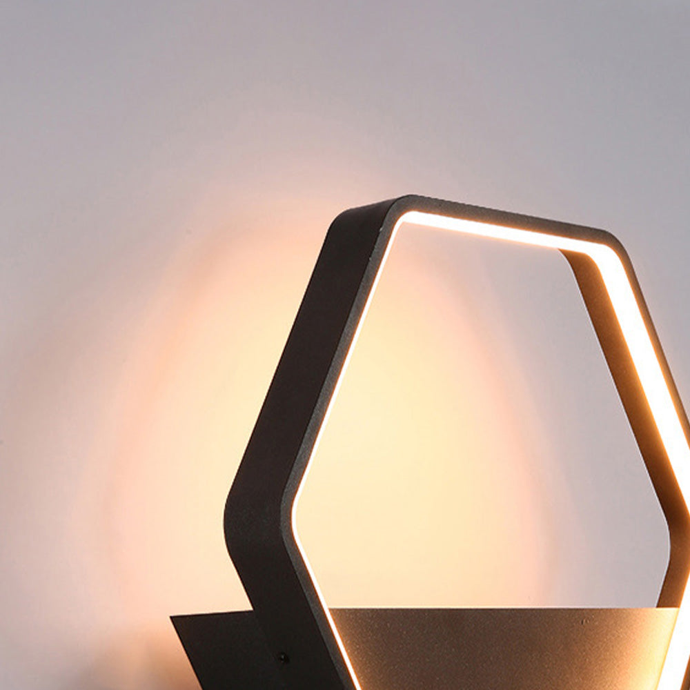 Ray Minimalist Hexagonal Ring With Shelf Metal Outdoor Wall Lamp, Black - Neutral Decor