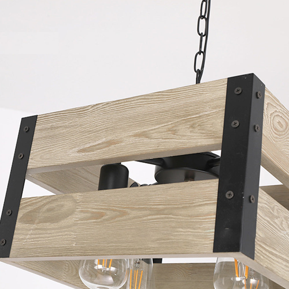 Silva Retro Square Metal & Wood Pendant Light, 4 Heads, 2 Style - Neutral Decor
