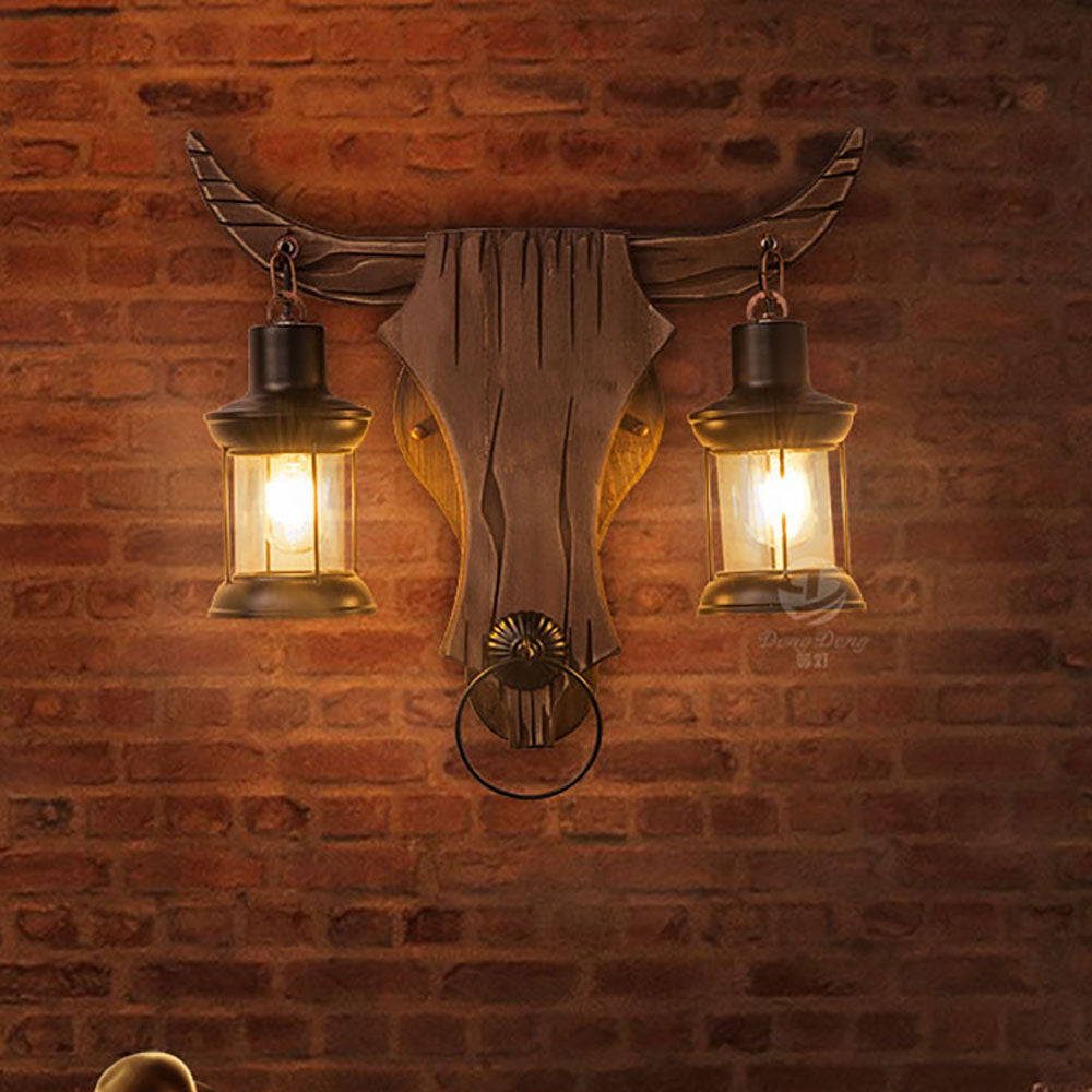Austin Wall Lamp Bull Shape Vintage, 2 Heads Wood/Metal, Bedroom - Neutral Decor
