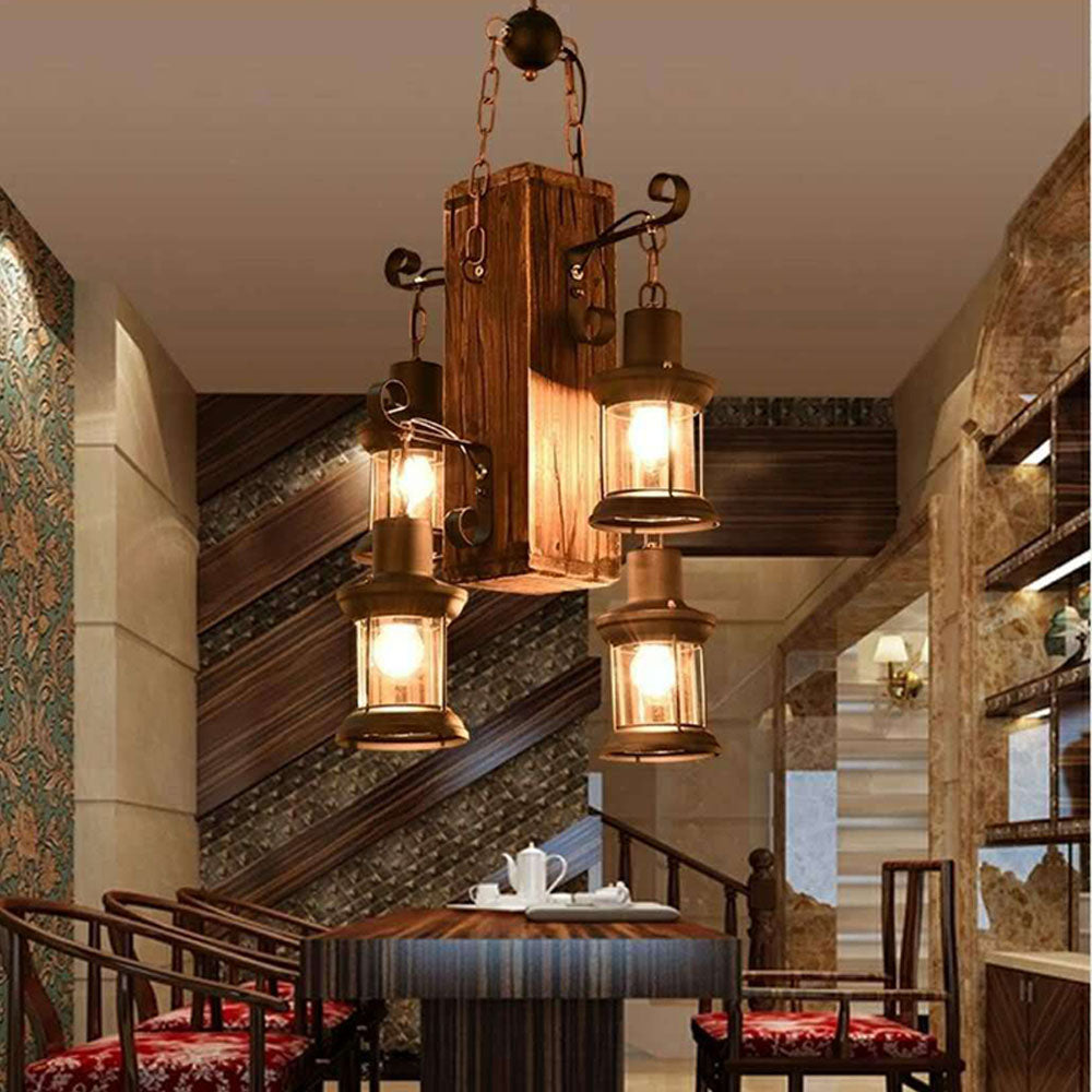 Epoch Vintage Rectangular Metal/Wood Hanging Pendant Light，Wood - Neutral Decor