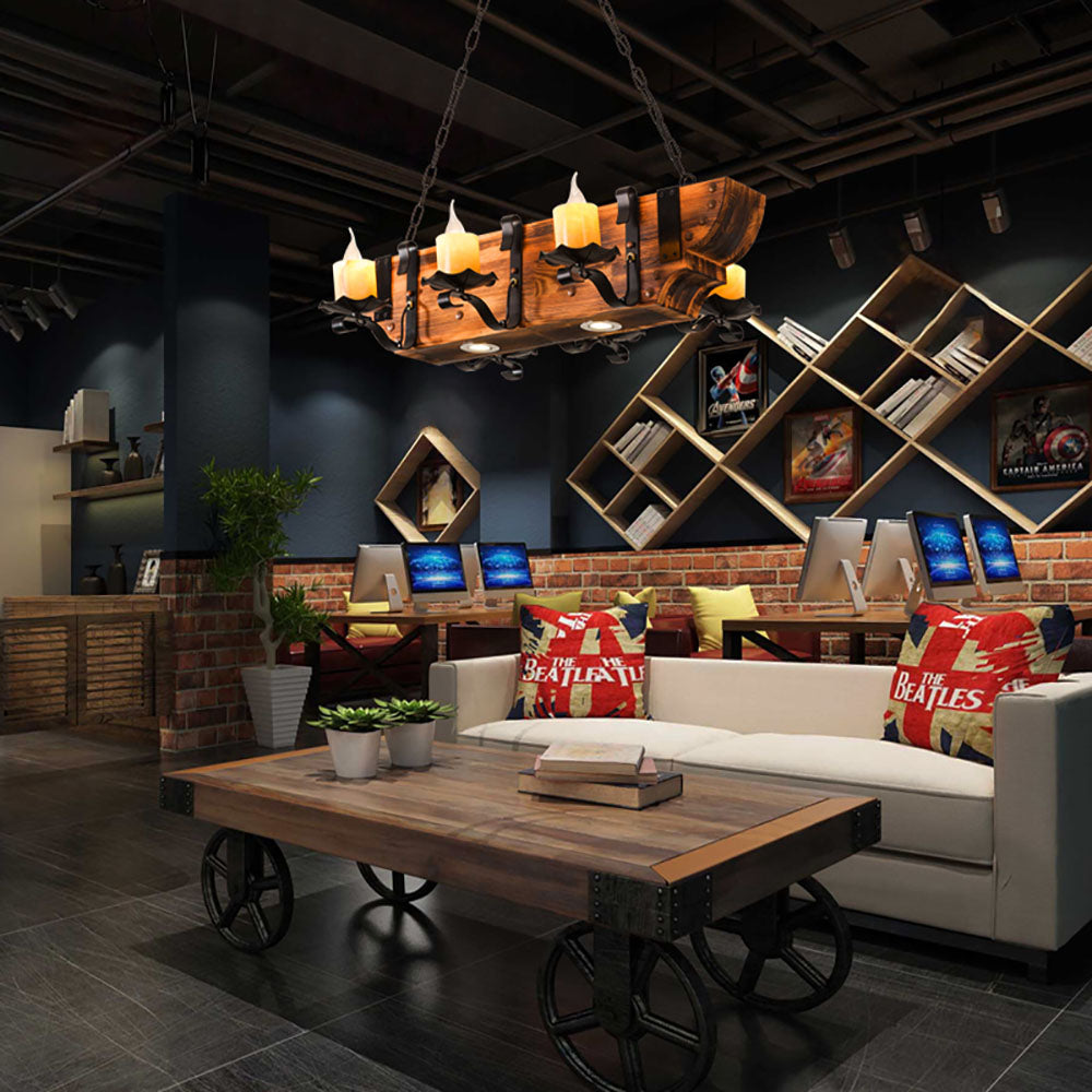 Epoch Retro Rectangular Metal/Wood Pendant Light, Walnut - Neutral Decor