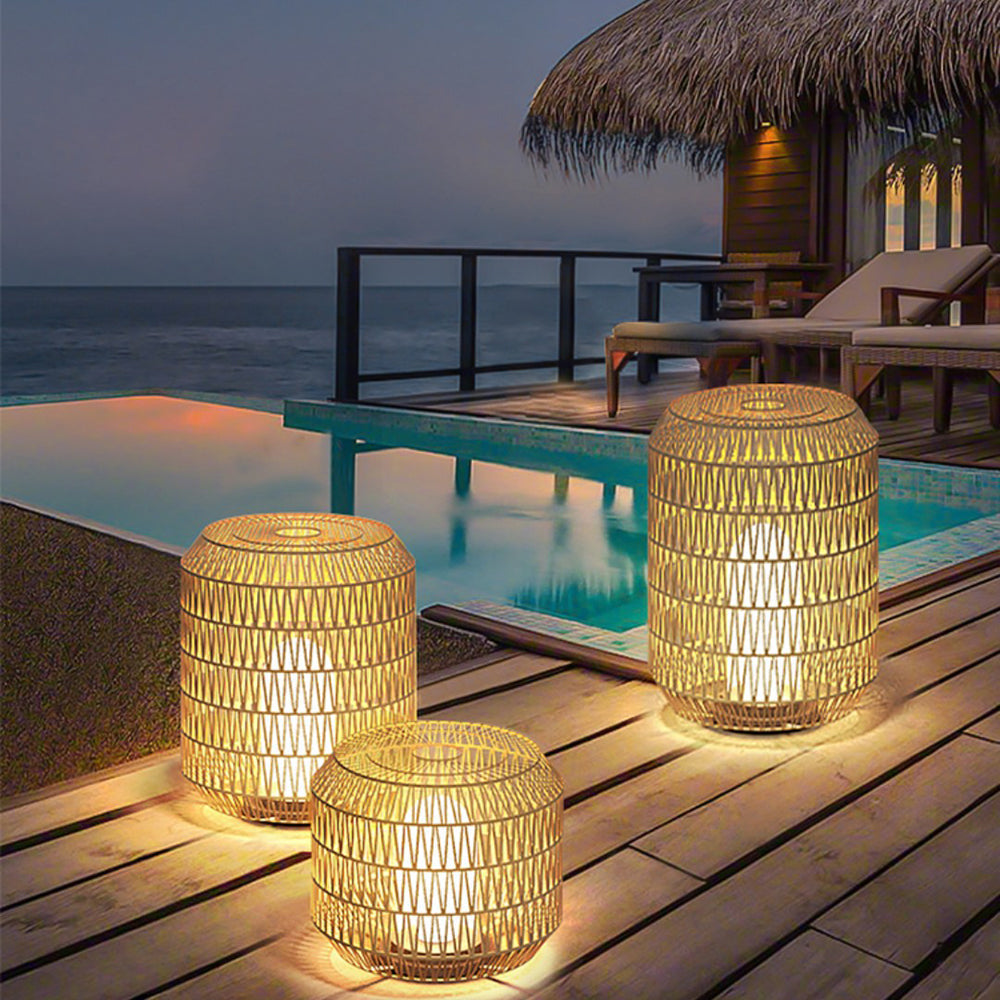 Ray Vintage Lantern Rattan Floor Lamp, Hardwired/Solar, Beige - Neutral Decor