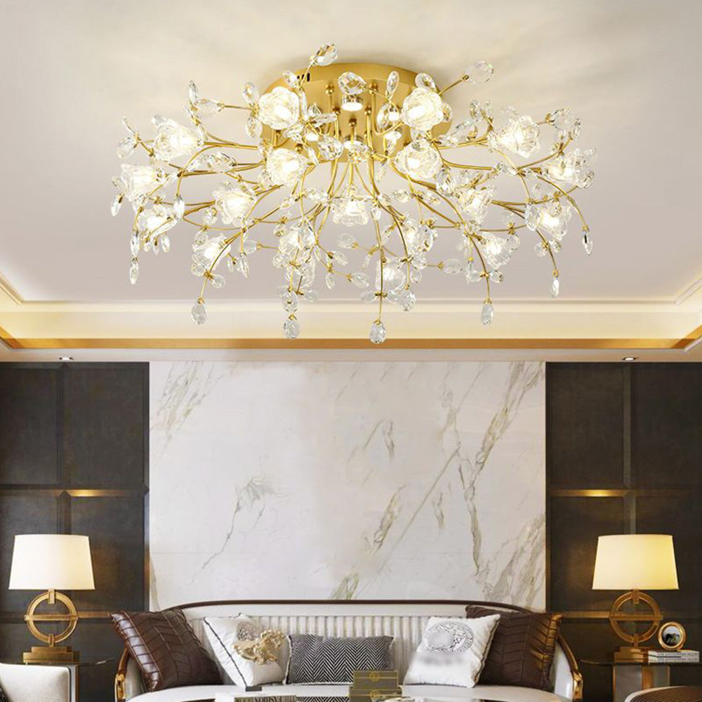 Arisha Art Deco Elegant Golden Crystal Flower Flush Mount Ceiling Light - Neutral Decor