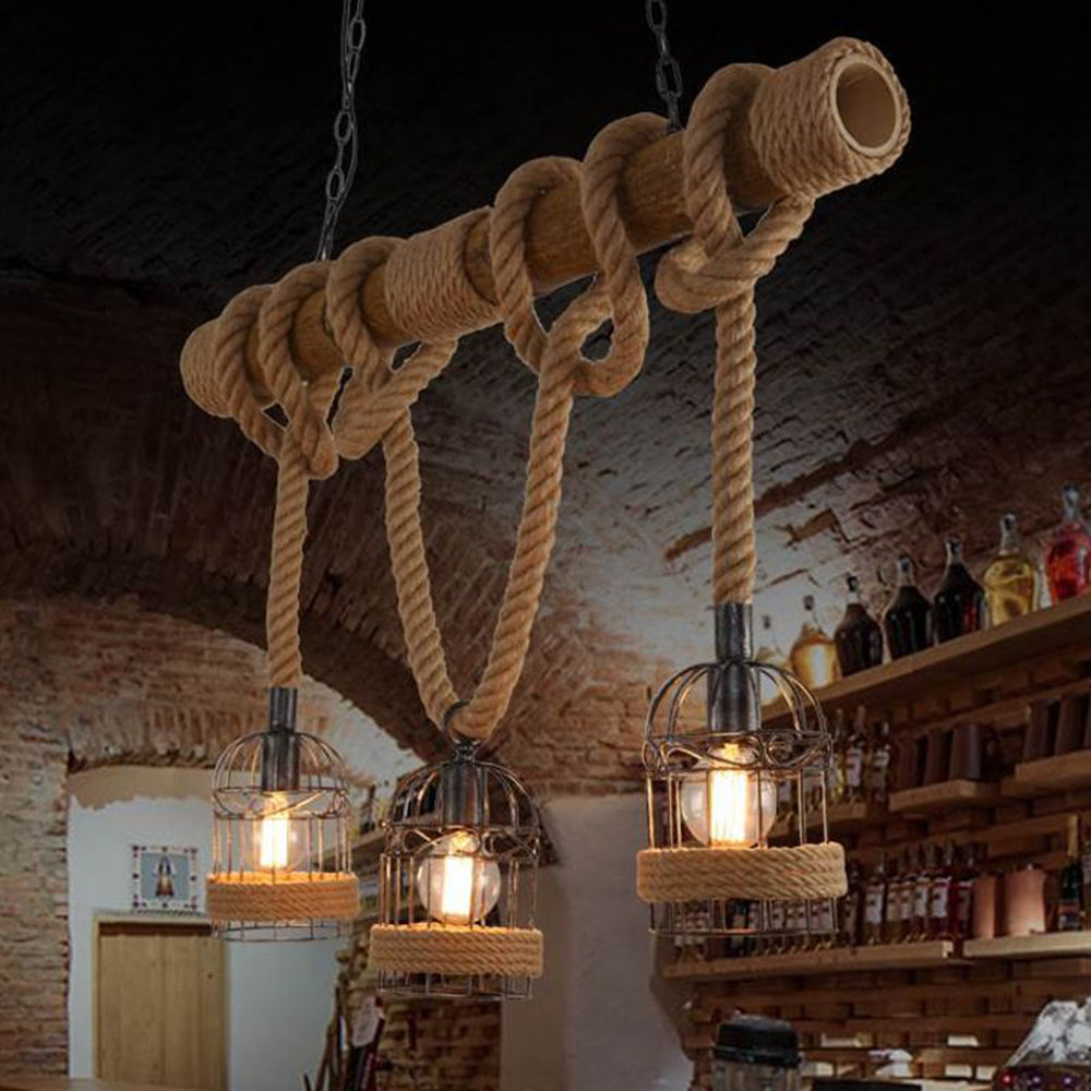 Silva Vintage 3 Heads Wood Rope Pendant Light - Neutral Decor