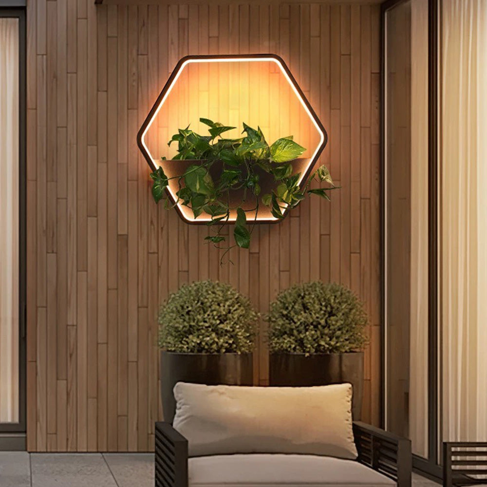 Ray Minimalist Hexagonal Ring With Shelf Metal Outdoor Wall Lamp, Black - Neutral Decor