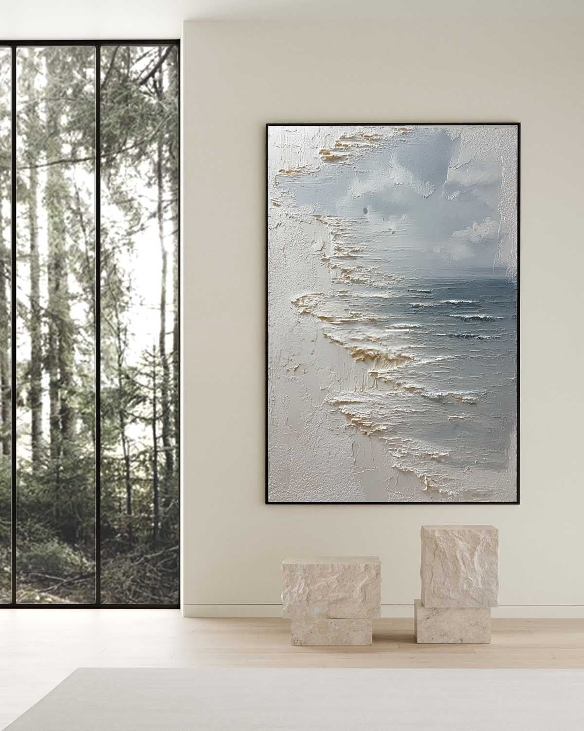 Wall Art Vertical Textured Abstract Sea Relief Scene Cool Coastal - Neutralighting