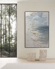 Wall Art Vertical Textured Abstract Sea Relief Scene Cool Coastal - Neutralighting