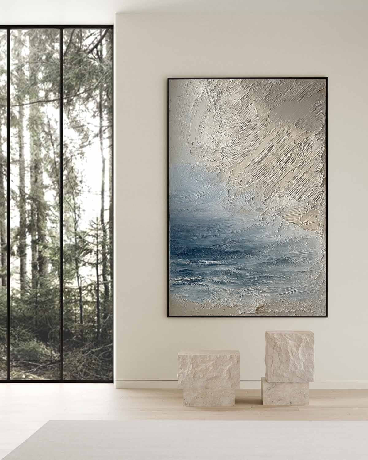 Wall Art Vertical Textured Abstract Sea Relief Scene Cool Coastal - Neutralighting
