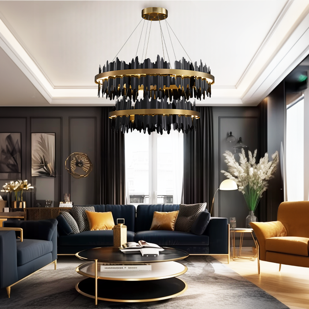 Kristy Industrial Chandelier Cylindrical Metal Black Gold Living Room - Neutral Decor