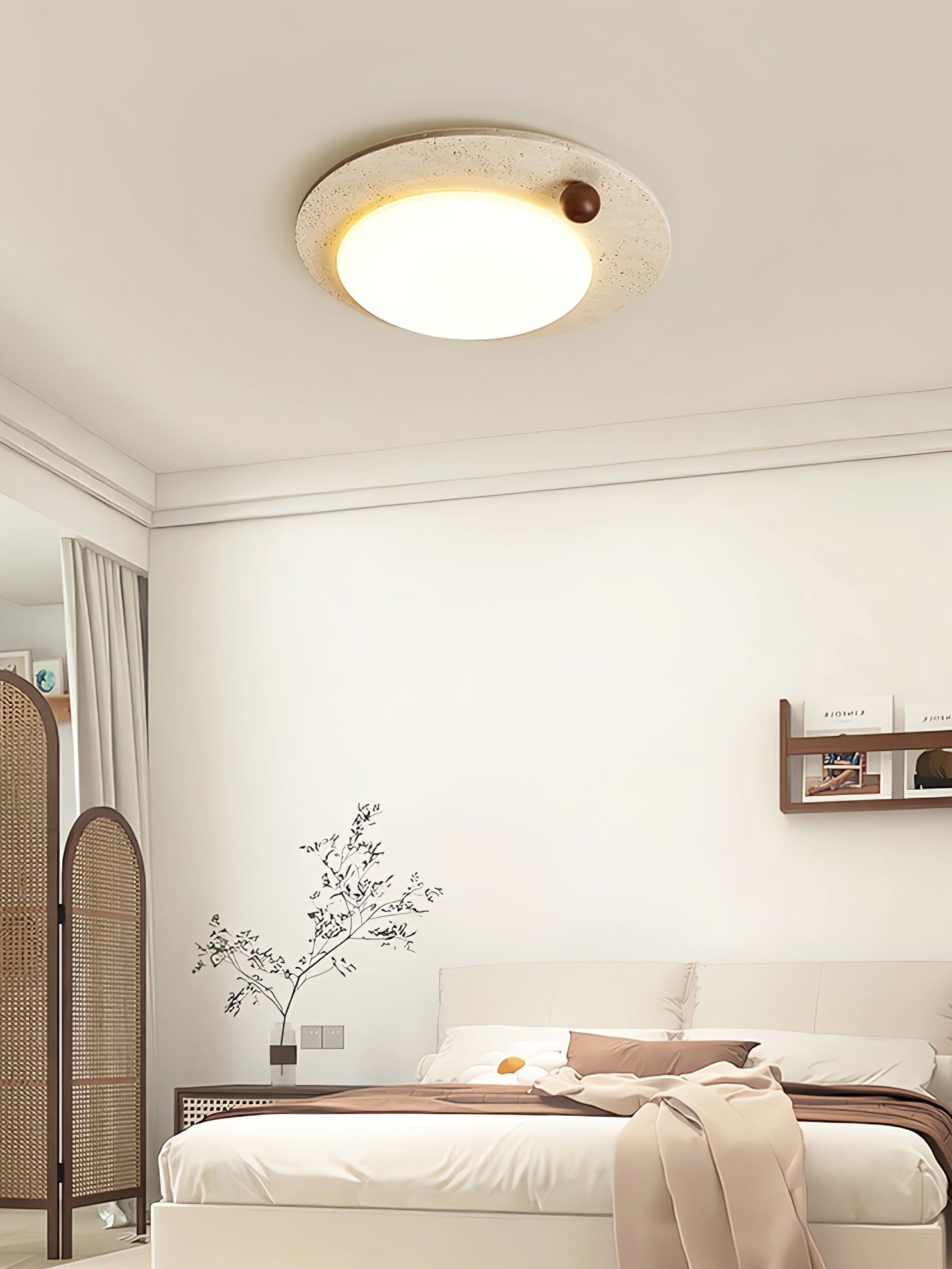 Circular Travertine Ceiling Light-Neutral Decor
