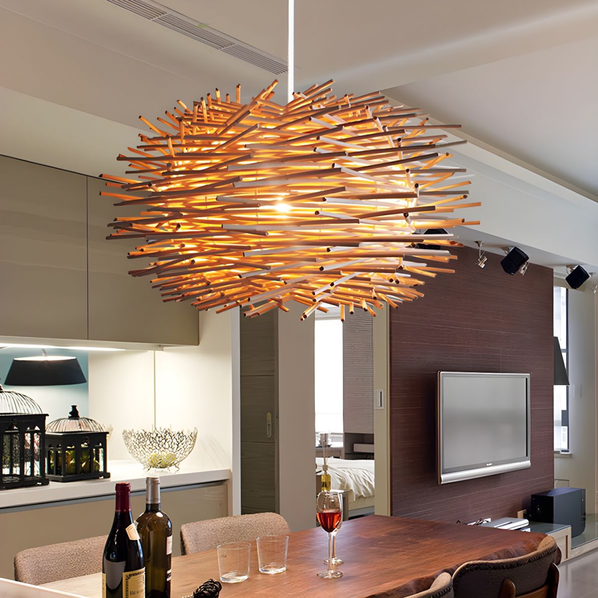 Muto Wooden Bird Nest Rattan Pendant Light, Brown/Wood - Neutral Decor