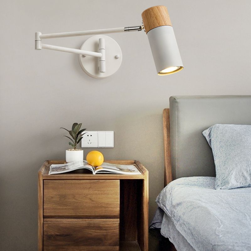 Muto Nordic Can Shaped Adjustable Wall Lamp, Metal/Wood, White - Neutral Decor