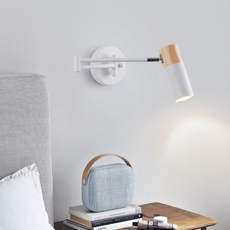 Muto Nordic Can Shaped Adjustable Wall Lamp, Metal/Wood, White - Neutral Decor