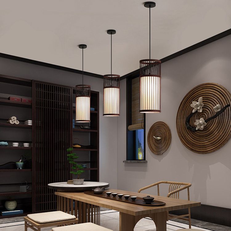 Ritta Weave Cylinder Pendant Light, Coffee/Wood, Metal/Bamboo - Neutral Decor