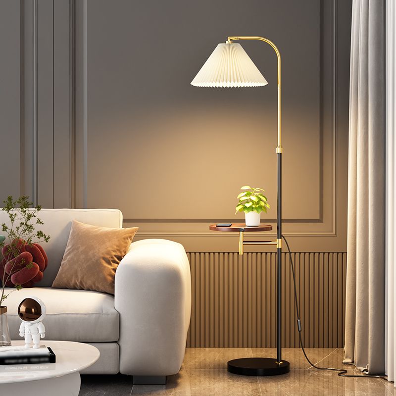 Ozawa Pleated Metal Floor Lamp With Shelves,Gold-Black/Gold - Neutral Decor