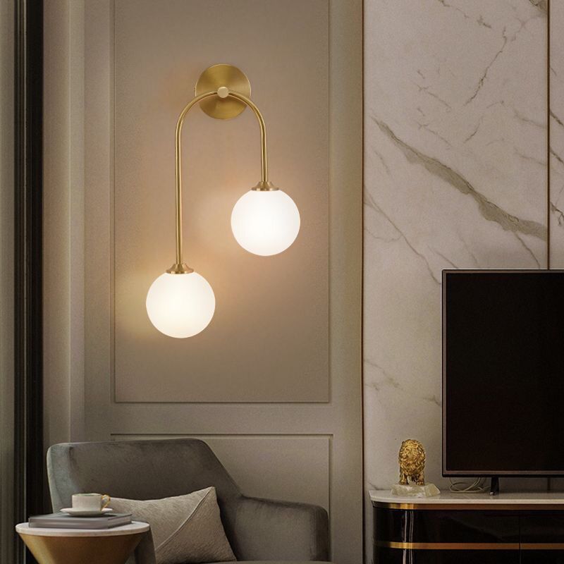 Valentina Modern Arc Globe Glass Wall Lamp, Brass, Living Room - Neutral Decor