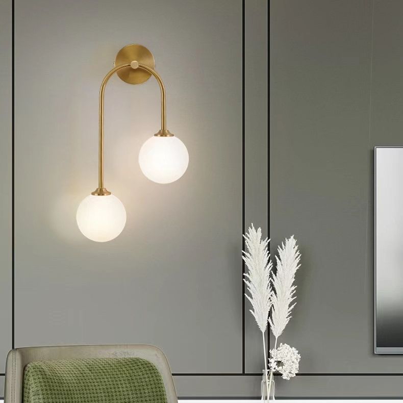 Valentina Modern Arc Globe Glass Wall Lamp, Brass, Living Room - Neutral Decor