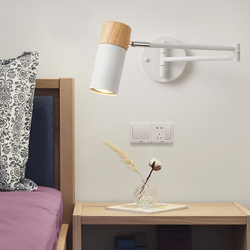 Muto Nordic Can Shaped Adjustable Wall Lamp, Metal/Wood, White - Neutral Decor