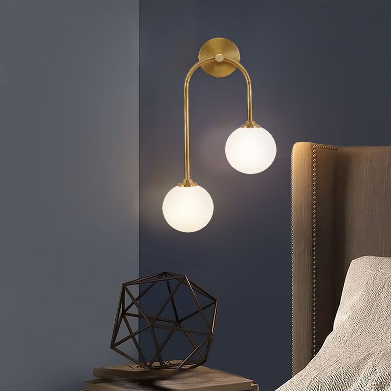 Valentina Modern Arc Globe Glass Wall Lamp, Brass, Living Room - Neutral Decor