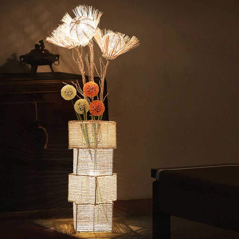 Ritta Retro Vase Wood Rattan Floor Lamp, White/Brown - Neutral Decor