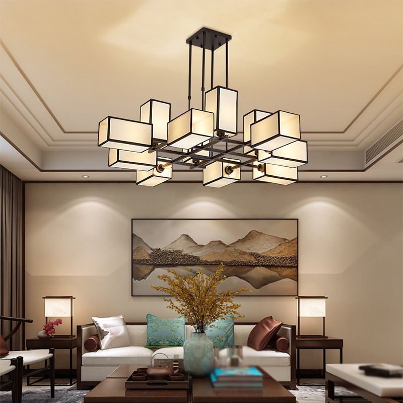 Arisha Pendant Light Square Retro, Metal/Fabric, Black/Gold, Living Room - Neutral Decor