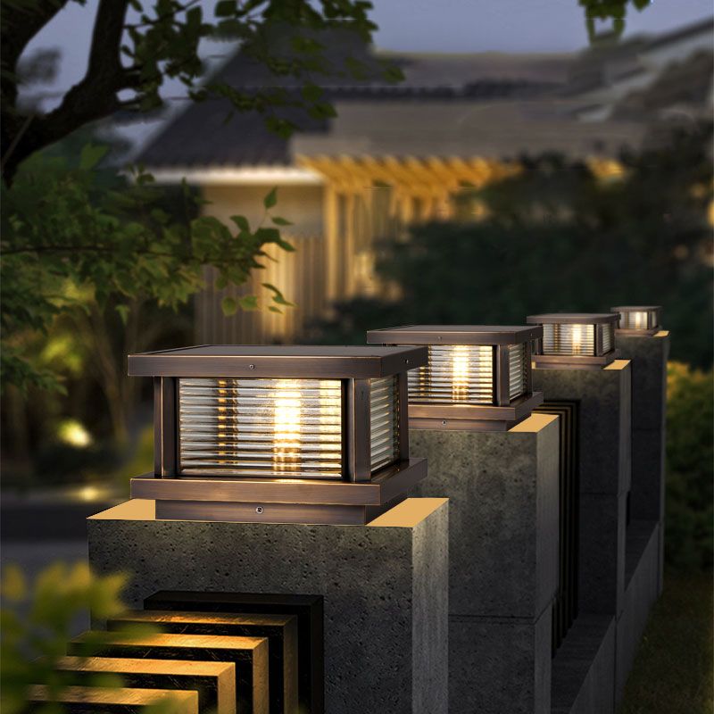 Ray Modern Rectangular Metal Outdoor Solar Lamp, Black/ Brass/Bronze - Neutral Decor