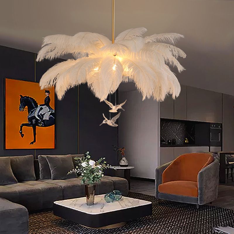 O'Moore Ostrich Contemporary Elegant Feather Chandelier, White - Neutral Decor