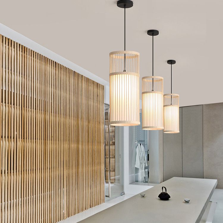 Ritta Weave Cylinder Pendant Light, Coffee/Wood, Metal/Bamboo - Neutral Decor