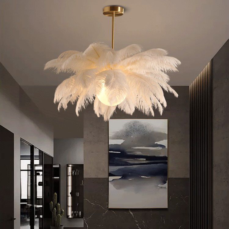 O'Moore Ostrich Contemporary Elegant Feather Chandelier, White - Neutral Decor