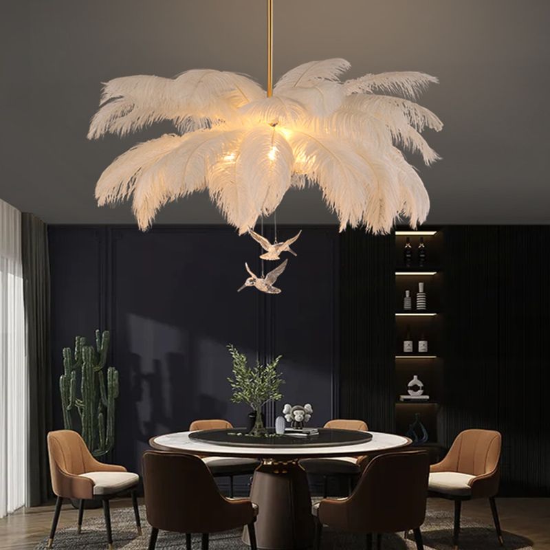 O'Moore Ostrich Contemporary Elegant Feather Chandelier, White - Neutral Decor