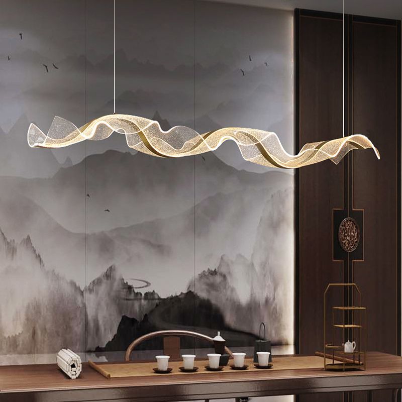 Kristy Pendant Light Designer Wave Acrylic, White/Gold, Dining Room - Neutral Decor